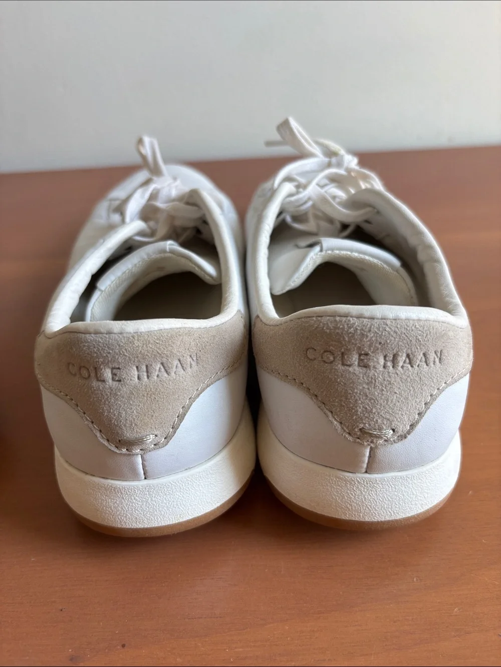 Cole Haan GrandPro White Low-Top Leather Sneakers with Tan Heel Accent size 8